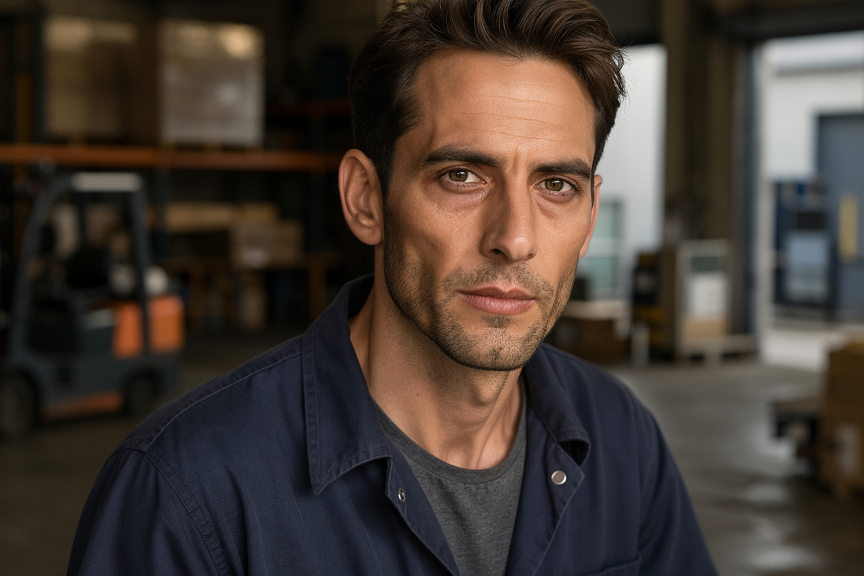 Jake — head and shoulders, chore coat, warehouse background