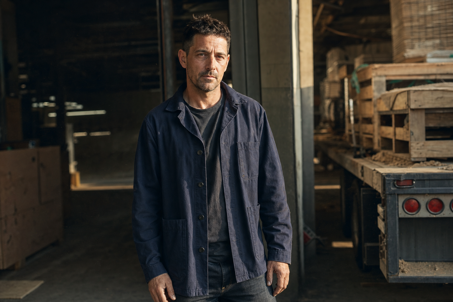 Jake at the loading dock — warehouse light, end of shift energy